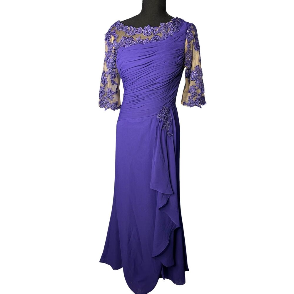Womens Royal Purple Full Length Gown Sz 4 Wedding Formal Regency Sheer Gala MOTB
